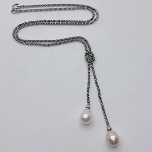 VTG Sterling Silver Popcorn Link Lariat Chain w Pink & White Pearl Drop 17”/2.5”